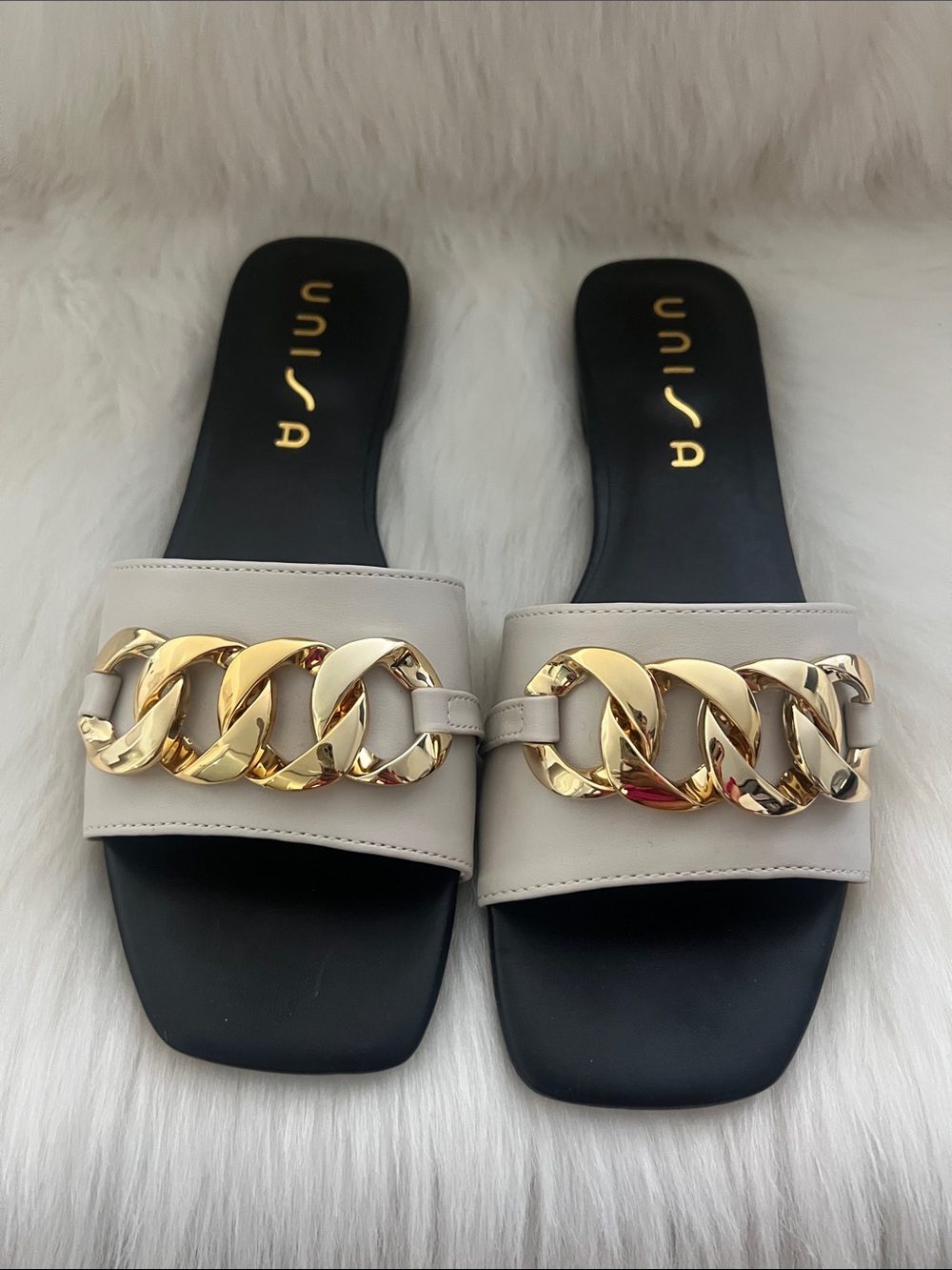Unisa Beige Slide Sandals with Gold Chain Accent